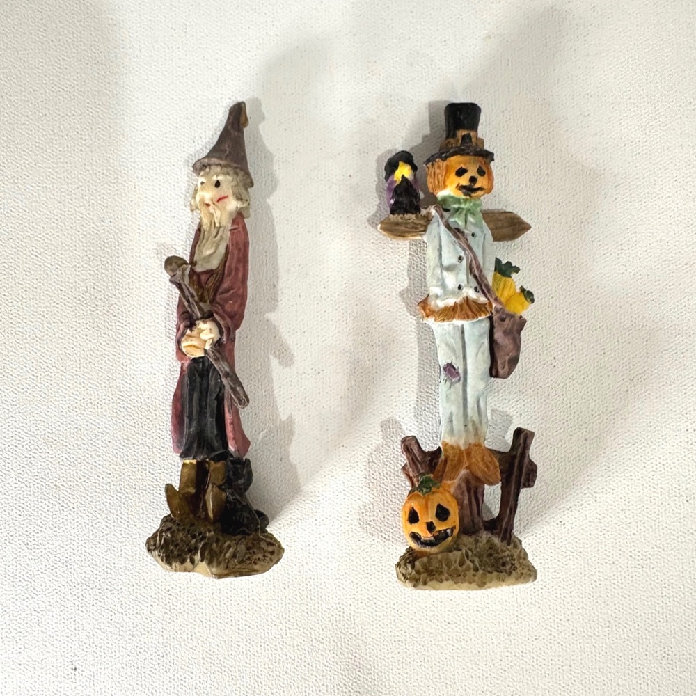 Miniature Halloween Figurine Set Wizard with Cat and Scarecrow Fall Decor 3 inch